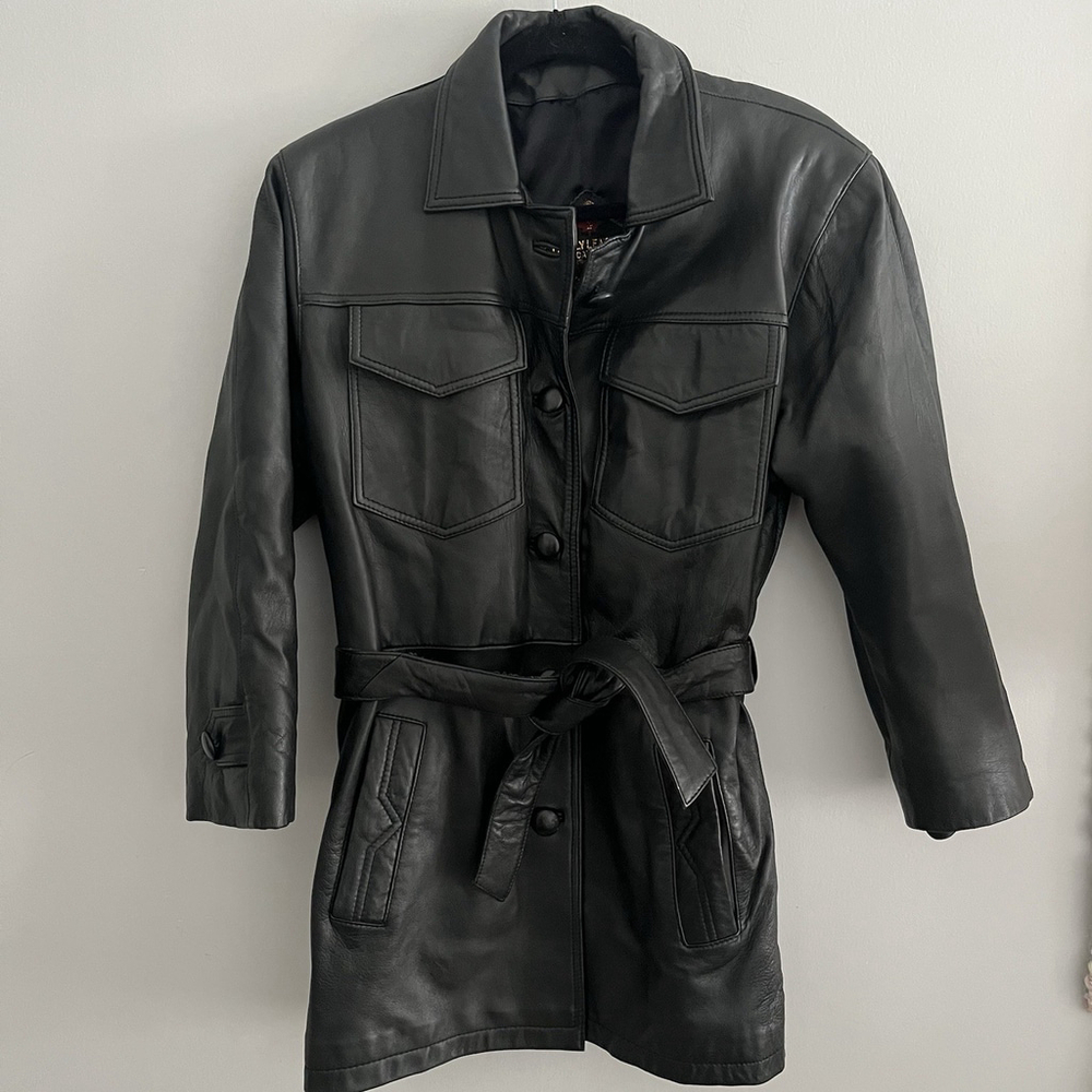 Vintage 90s Leather 100% Black Retro Belted Genuine Leather Jacket Medium